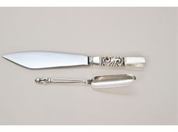 Set Of 2 Georg Jensen Denmark Sterling Silver Cake Knife And Sterling Silver Rectangular Spoon