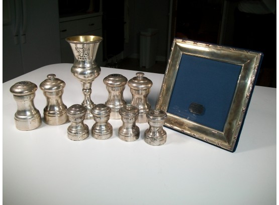 Lovely Group Lot Of Nine Pieces Vintage Sterling Silver / Salt & Peppers, Kiddush Cup,  Picture Frame - NICE