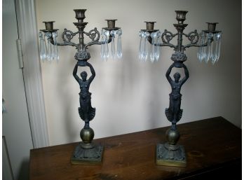 Fabulous Pair Of Antique Bronze Candelabras W/Crystals - Fantastic Large Size Pair