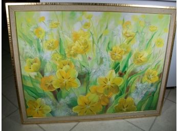 Large Vintage Oil Painting Of Yellow Flowers  Signed 'Strait' - Very Decorative Piece !