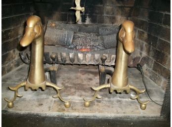 Very Unusual Vintage Solid Brass 'Duck Head' Andirons  W/Brass Goose Flue Hook