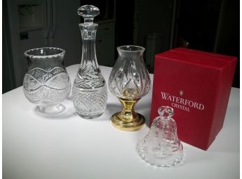 Four Piece WATERFORD  Cut Crystal Lot - Decanter, Hurricane W/Brass Base  & Holiday Bell In Original Box