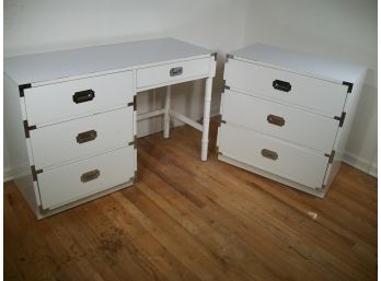 White 'Campaign Style' Chest & Desk (by Dixie Furniture) W/Brass Trim - Great Quality