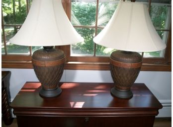 Lovely Pair Of Ceramic Basketweave Lamps - W/Shades - Nice Quality - High Retail Price