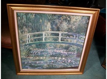 Large Oil On Canvas - Bridge  & Flowers  By 'DeNunzio' 1999 - Great Painting In Gold Gilt Frame