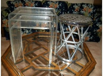 Vintage Stacking / Nesting Lucite Tables & Metal Lattice Stool - Great Decorator Lot