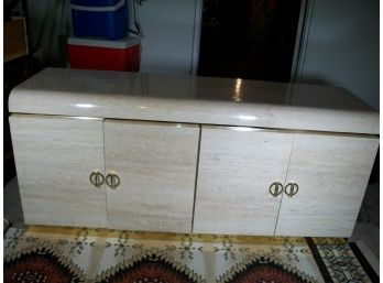 Retro / Mid Century Style Low Cabinet 'Travertine Marble' & Brass Trim / Hardware - Great Quality