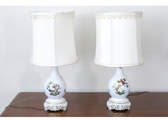 Pair Of Porcelain Hand Painted Lamps With Bird Design