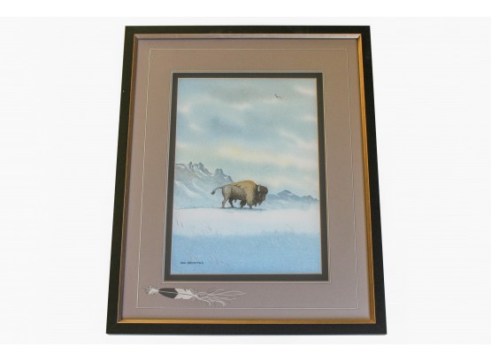 20th Century Western Artist Don Griffiths Oil Painting Of A Buffalo Walking In The Snow