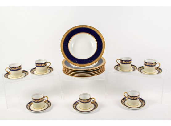 Set Of Seven Royal Worcester Soup Bowls + Set Of Seven Aynsley Demitasse Cups And Saucers