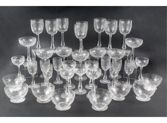 Set Of 38 Floral Design Crystal Glassware And Bowl Set