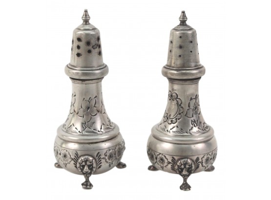 Pair Of Black, Starr & Gorham B&M Floral Hand Chased Lion Footed Sterling Silver Salt & Pepper Shakers