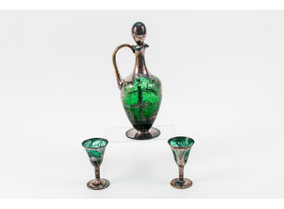 Emerald Green With Silver Overlay Cordial Set