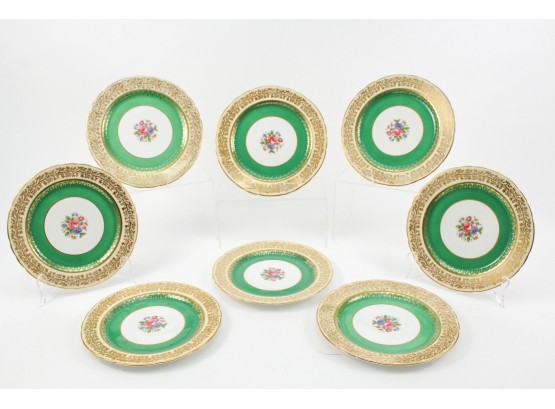 8 Emerald Green Aynsley Bone China Pastbourne Gold Gilded Floral Dessert Plate With Scalloped Edge