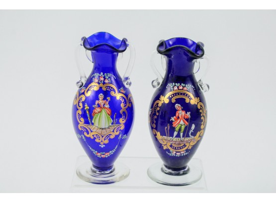 Pair Of Cobalt Blue Gold Gilded Hand Painted Glass Mini Vases