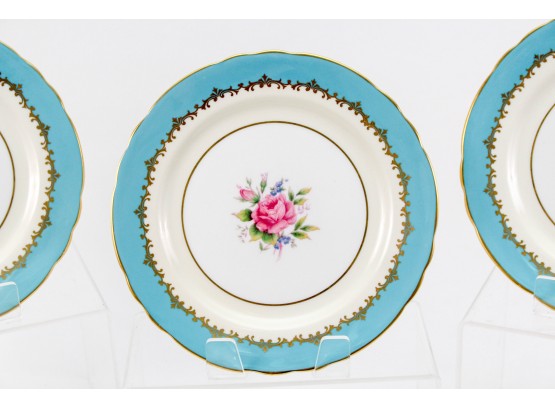 Set Of Seven Tiffany Blue Aynsley Bone China Pastbourne Gold Gilded Floral Dessert Plates With Scalloped Edge