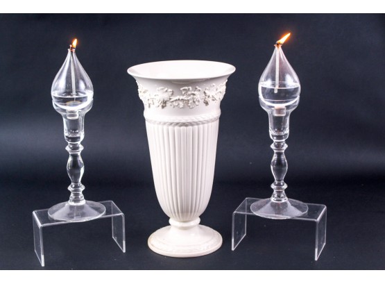 Of Etruria & Barlaston Wedgwood Vase And 2 Glass Kerosene Lamps