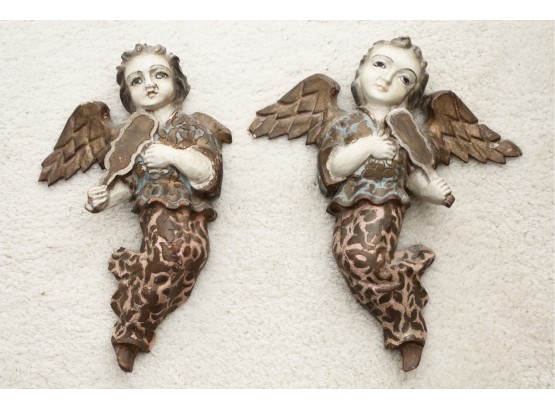 Vintage Pair Of Carved Wooden Angels Playing Musical Instruments