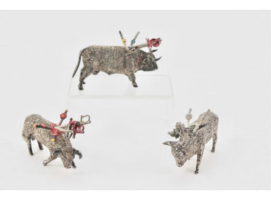 Three Sterling Silver Bull Figurines With Cocktail Spear Swords - 9.52 Troy Ou.