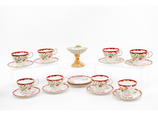 8 Narcissus Fine Bone Bell China Gold Gilded Floral Cups And Saucers + Carlin Comforts Clam Sugar Bowl