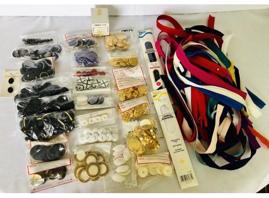 Sewing Supplies- Buttons, Zippers, Box Of Black Hooks & Eyes