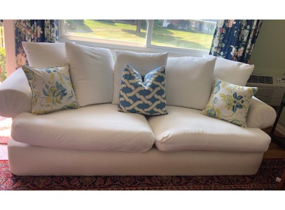 Pottery Barn White Fabric Sofa With Decorative Pillows ( See Description)