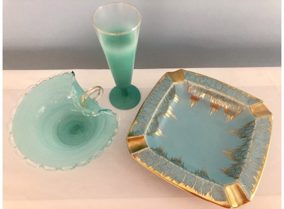 Mid Century Modern Turquoise Blue Glass/Ceramic Lot