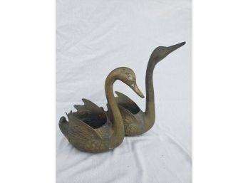 Vintage Pair Of Brass Swans Planters - Very Nice