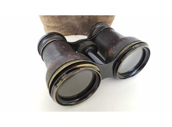 Antique French Chevalier Leather Wrapped Brass Binoculars In Leather Case