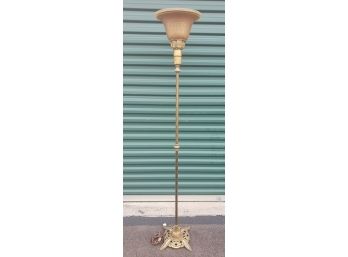 Beautiful Antique Brass Torchier Floor Lamp With Art Glass And Aluminum Shade