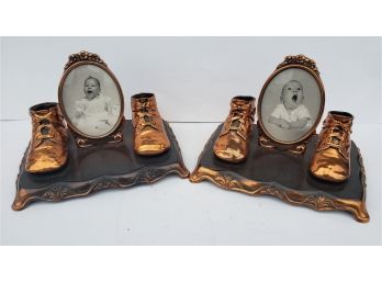 A Pair Of Vintage  Bronze Copper Figural Baby Shoes With Oval Picture Frame