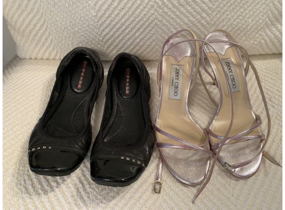 Prada Sport Black Leather Scrunch Ballet Flats & Jimmy Choo Pink Metallic Strappy Sandals - Both Size 38.5