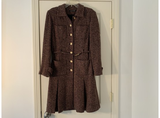 Bloomingdale's Plum Tweed Belted Long Coat With Peplum - Size 6