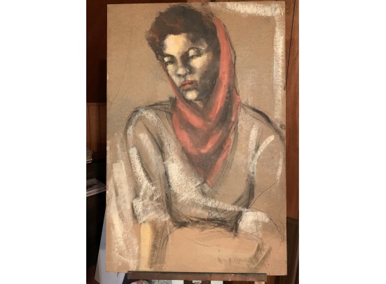 Mid Century Pastel Drawing Of A Woman With Red Scarf