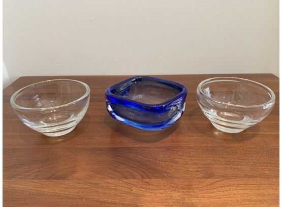 Three Handmade Thick Clear & Cobalt Blue Glass Bowls