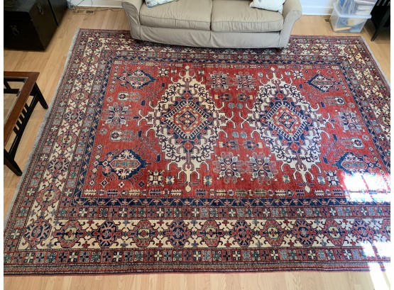 Room-sized Red And Navy Wool Carpet From Pakistan 12' 10' X 10' 4'