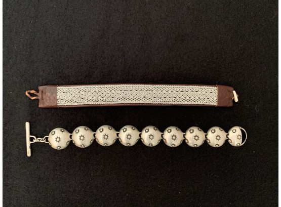 Original Lisa Jenks Sterling Ball Bracelet & Leather Bracelet With Metal Filigree Details