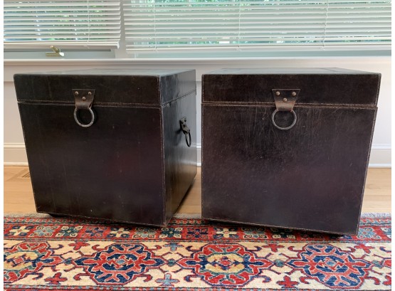 Pair Of Leather Covered Wood Cube Trunks