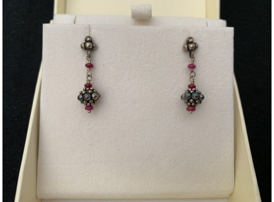 Sterling Drop Earrings With Red Stones