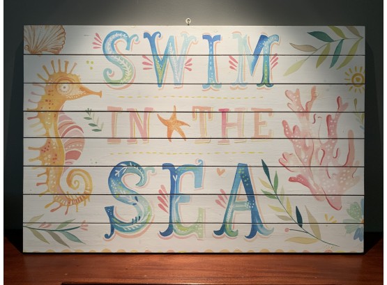 'Swim In The Sea' Whimsical Painted Wood Wall Hanging - 3' X 2'