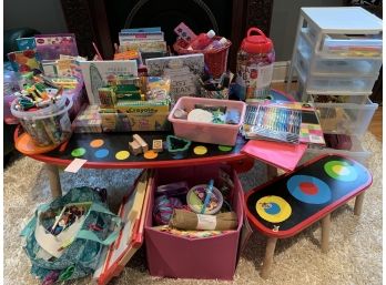 Massive Assortment Of Art And Craft Supplies & Art Table With Benches