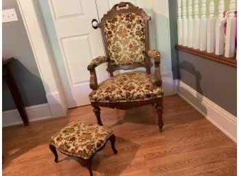 Antique Upholstered Arm Chair & Coordinating Foot Stool
