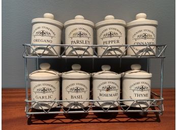 Country Stoneware Lidded Spice Jars & Display Rack