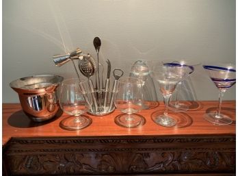 Barware Tools, Ice Bucket And Cocktail Glasses