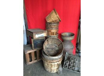 Antique Crate, Apple Baskets And Milk Lot