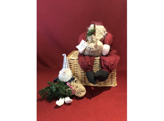 Pair - Whimsical Santas With Basket- 1 By Needles & Knots - One Signed 'Silv 07'