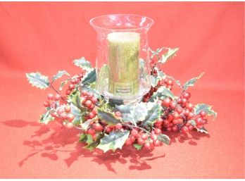 Pier 1 Candle & Glass Shade - Holly Berry Decorative Centerpiece Ring