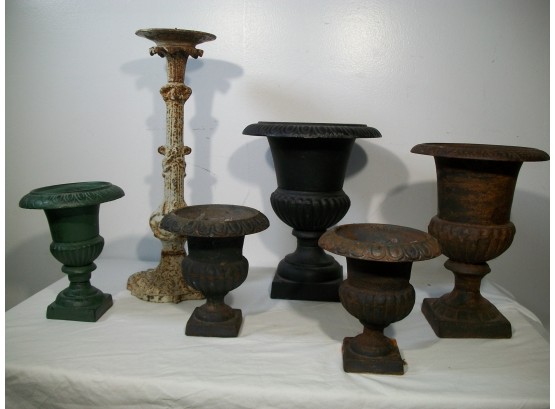 Five (5) Piece Vintage Cast Iron Urn Lot (Assorted Sizes) Classic Style & Iron Candleholder
