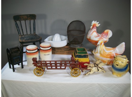 Incredible Antique Country Accessory Lot - Painted Boxes, Doll Chair, Hen On Nest MUCH MORE !