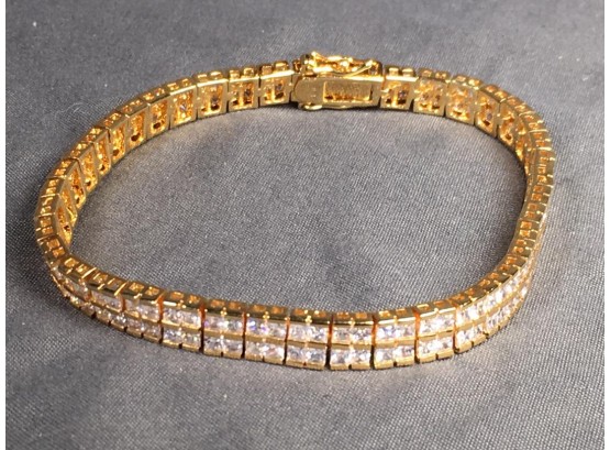 Stunning Sterling Silver / 14KT Gold Overlay 'Diamond Double Tennis Bracelet' AMAZING !